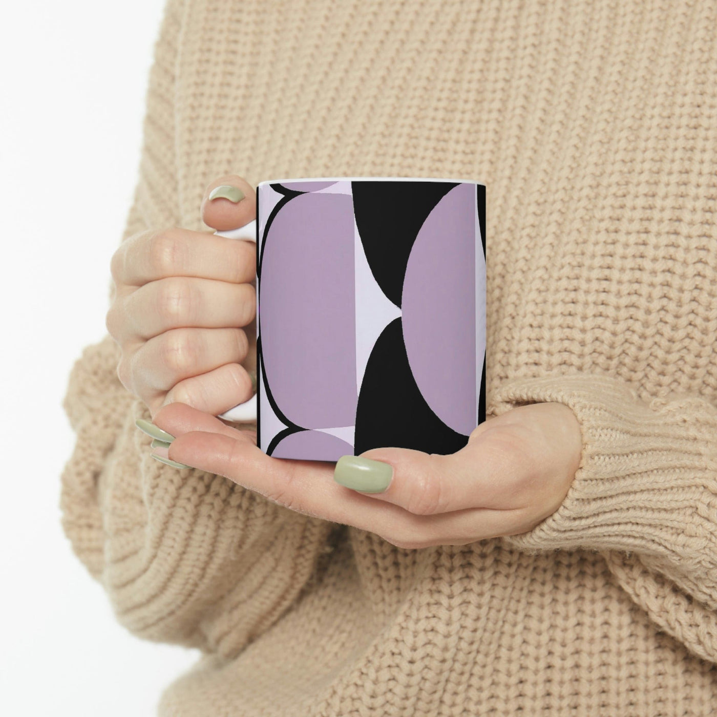 Decorative Ceramic Coffee Mug 15oz Geometric Lavender And Black Pattern