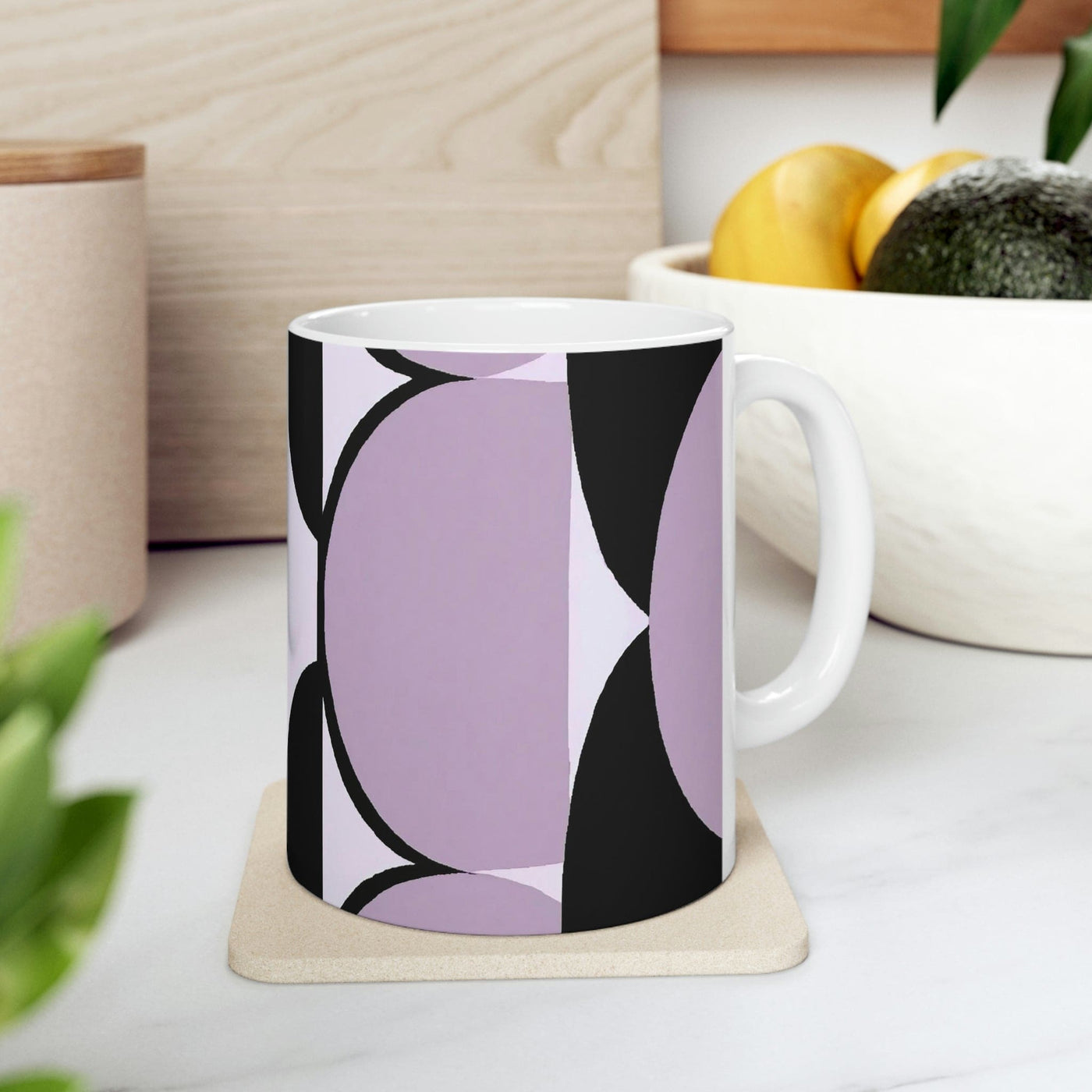 Decorative Ceramic Coffee Mug 15oz Geometric Lavender And Black Pattern
