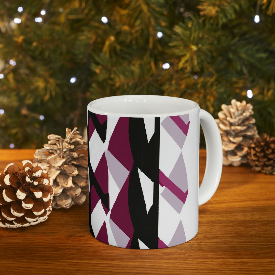 Decorative Ceramic Coffee Mug 11oz - Mauve Pink and Black Geometric Pattern