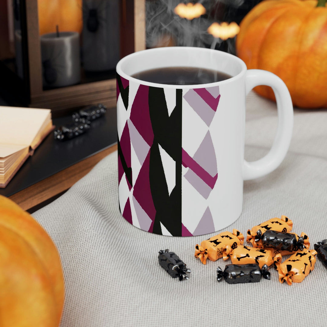 Decorative Ceramic Coffee Mug 11oz - Mauve Pink and Black Geometric Pattern