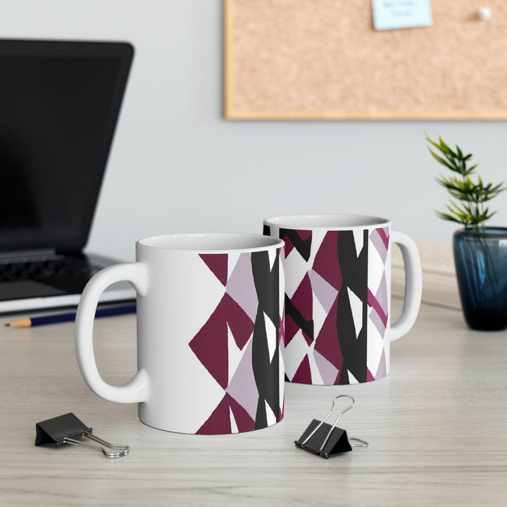 Decorative Ceramic Coffee Mug 11oz - Mauve Pink and Black Geometric Pattern