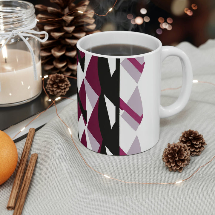 Decorative Ceramic Coffee Mug 11oz - Mauve Pink and Black Geometric Pattern
