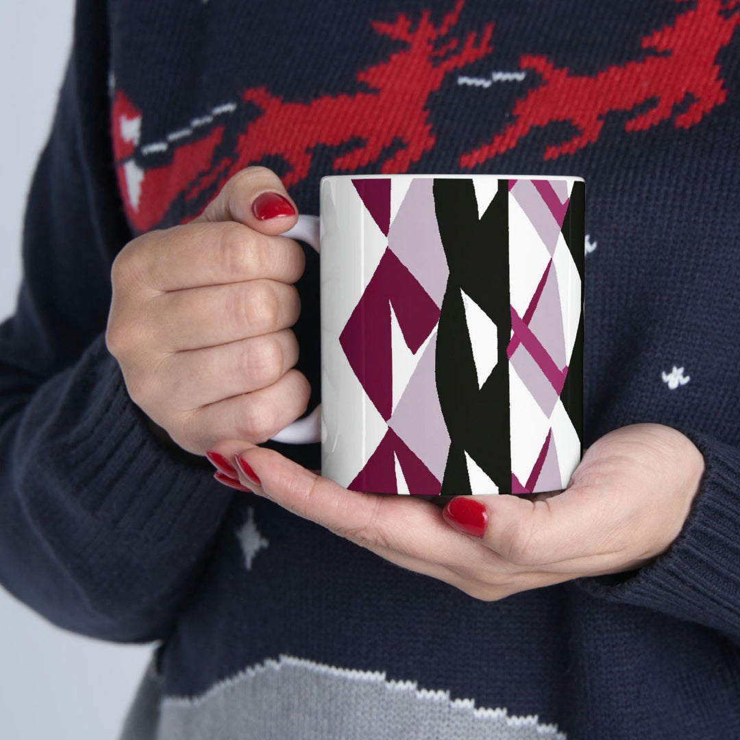 Decorative Ceramic Coffee Mug 11oz - Mauve Pink and Black Geometric Pattern