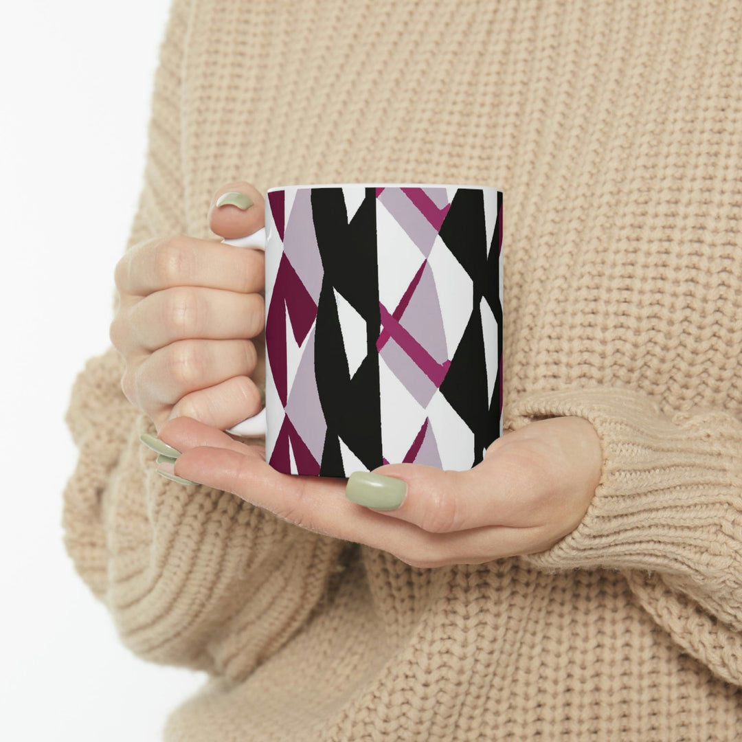 Decorative Ceramic Coffee Mug 11oz - Mauve Pink and Black Geometric Pattern