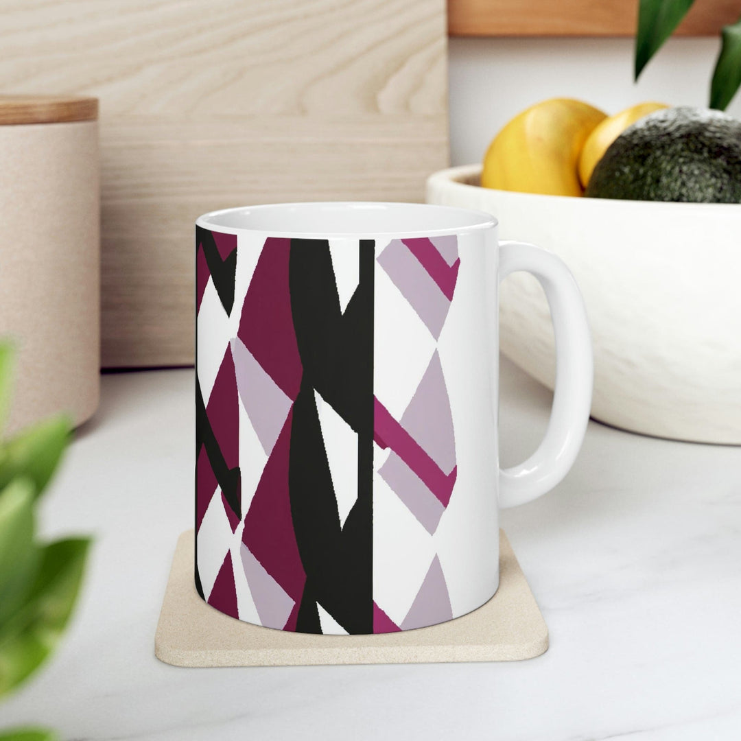 Decorative Ceramic Coffee Mug 11oz - Mauve Pink and Black Geometric Pattern
