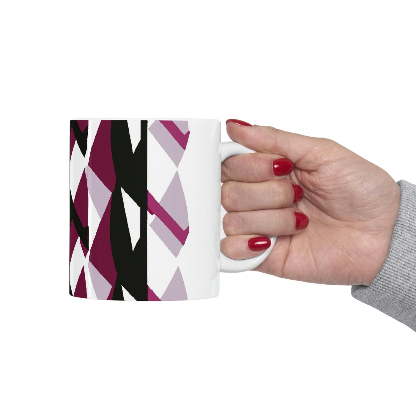 Decorative Ceramic Coffee Mug 15oz Mauve Pink And Black Geometric Pattern