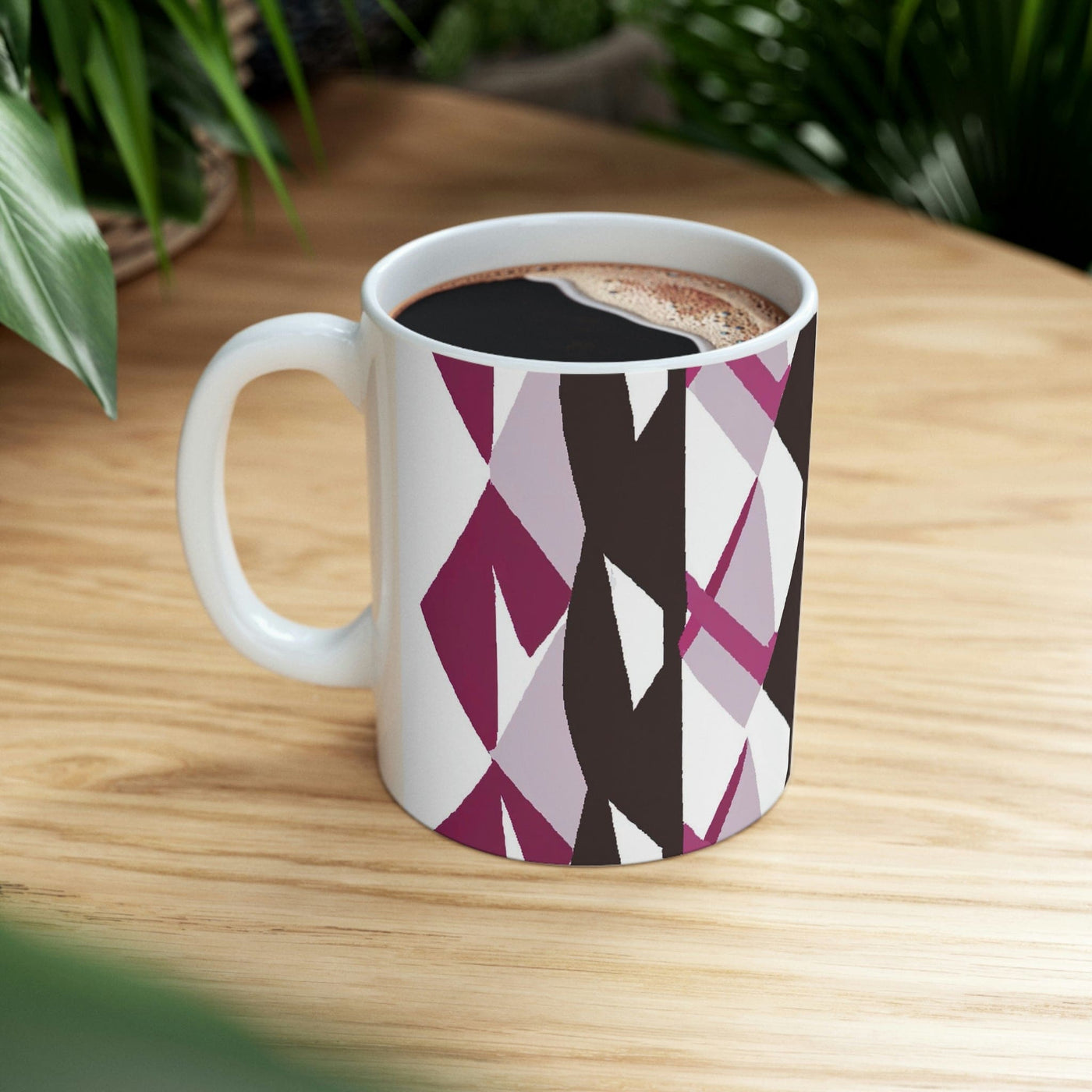 Decorative Ceramic Coffee Mug 15oz Mauve Pink And Maroon Geometric Pattern