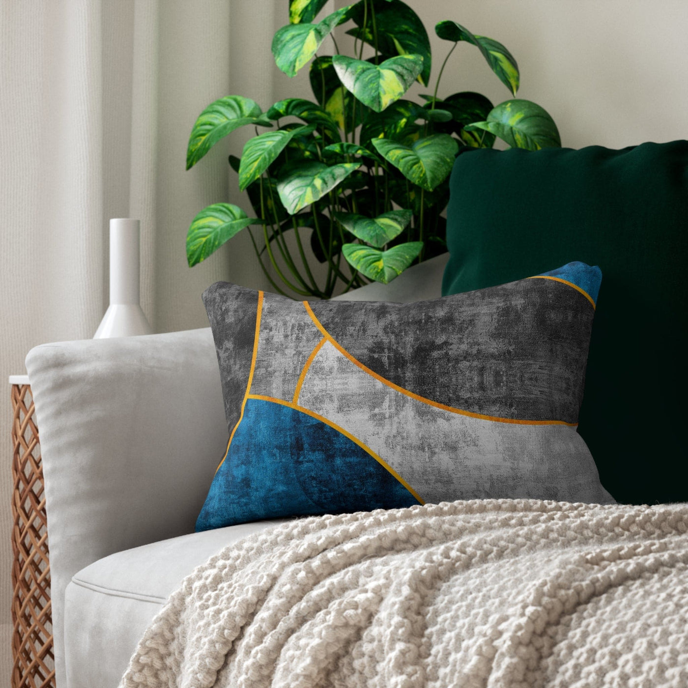 Decorative Lumbar Throw Pillow - Black Blue Grey Circular Geometric Pattern