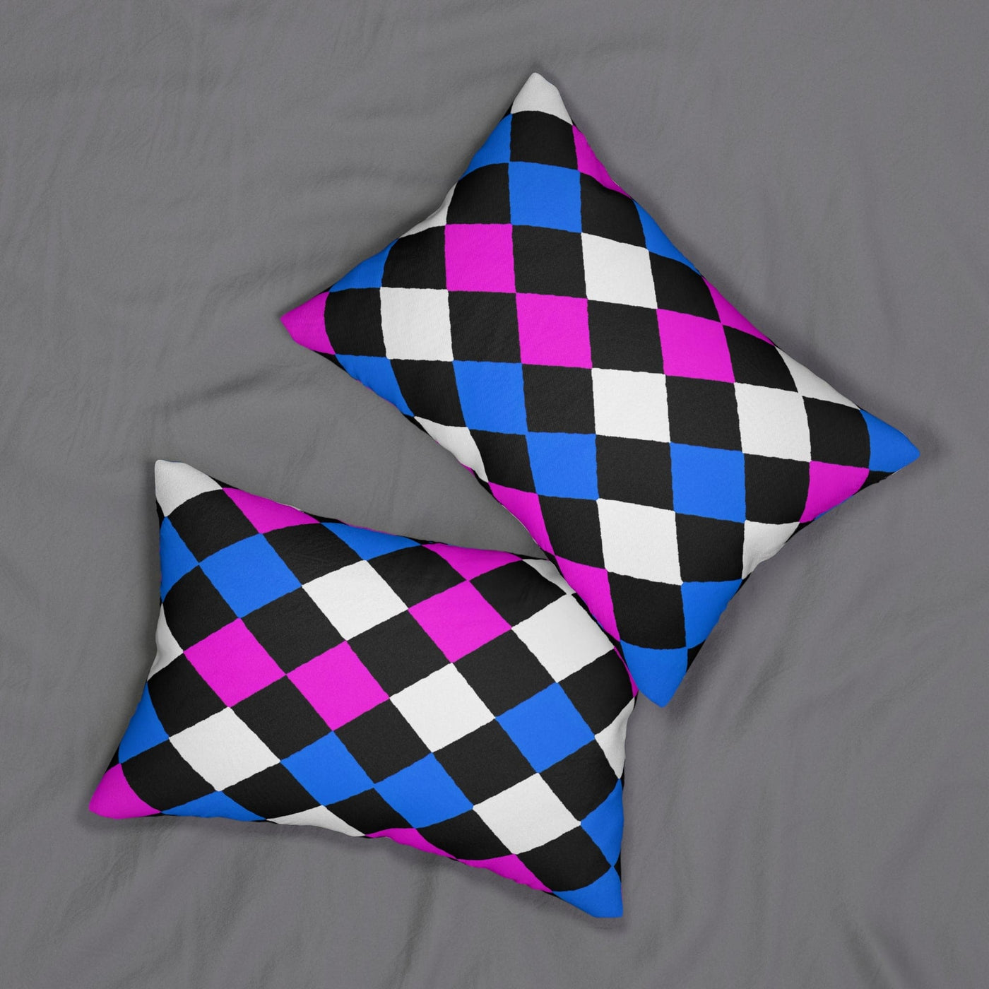Decorative Lumbar Throw Pillow - Black Pink Blue Checkered Pattern - Decorative