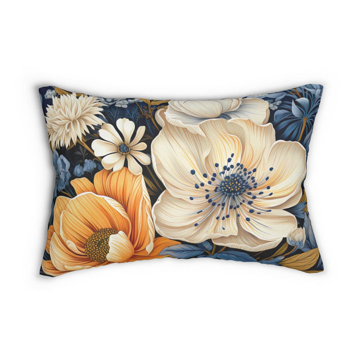 Decorative Lumbar Throw Pillow - Blue Floral Block Print Illustration