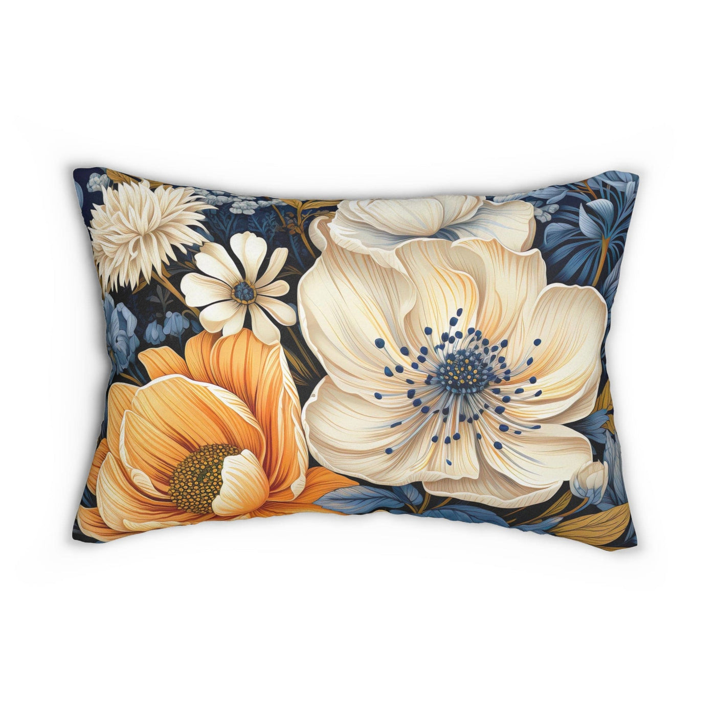 Decorative Lumbar Throw Pillow - Blue Floral Block Print Illustration