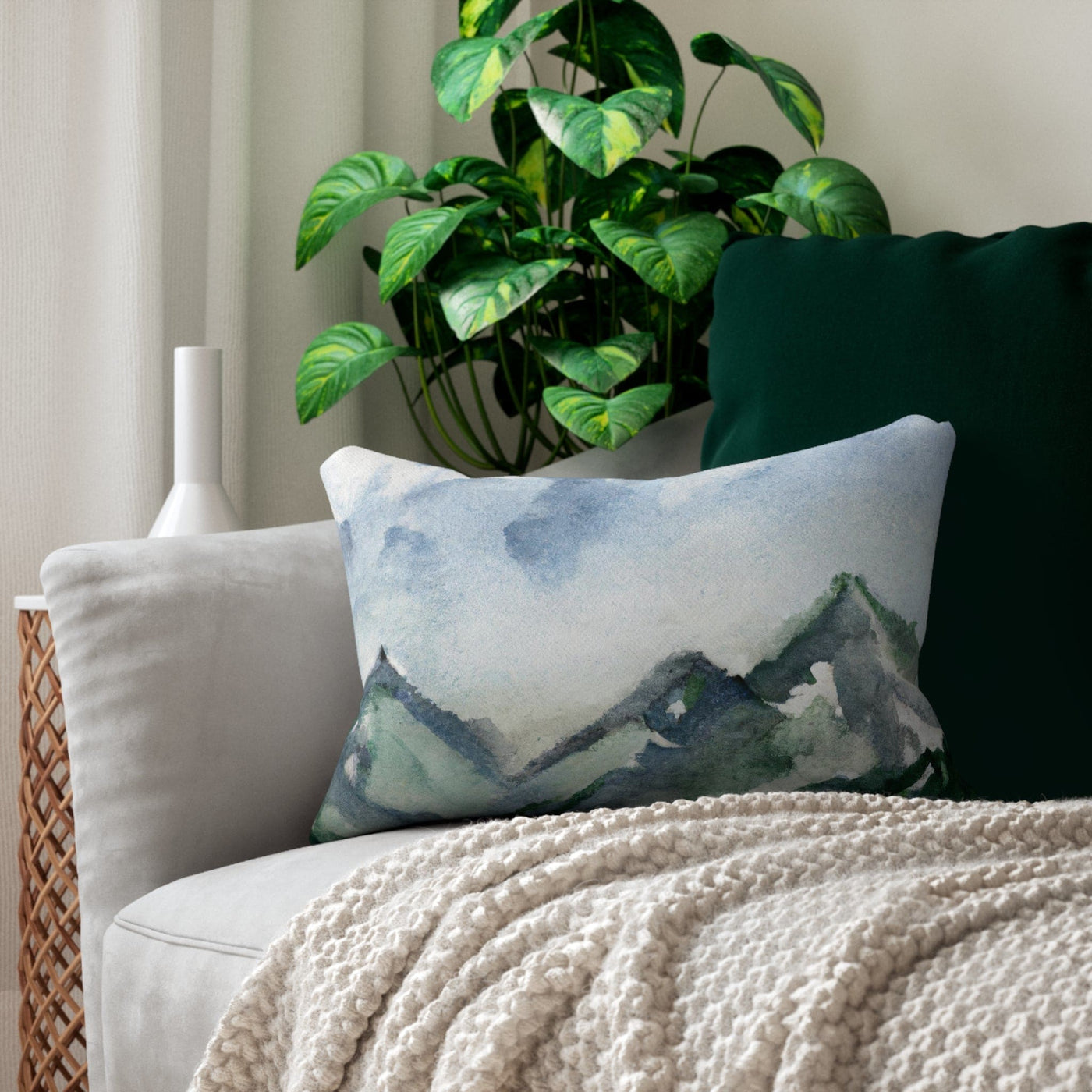 Decorative Lumbar Throw Pillow - Green Mountainside Nature Landscape Blue Sky