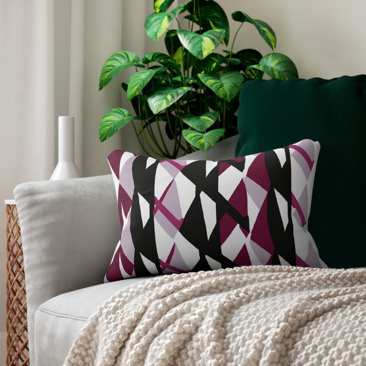 Decorative Lumbar Throw Pillow - Mauve Pink And Black Geometric Pattern