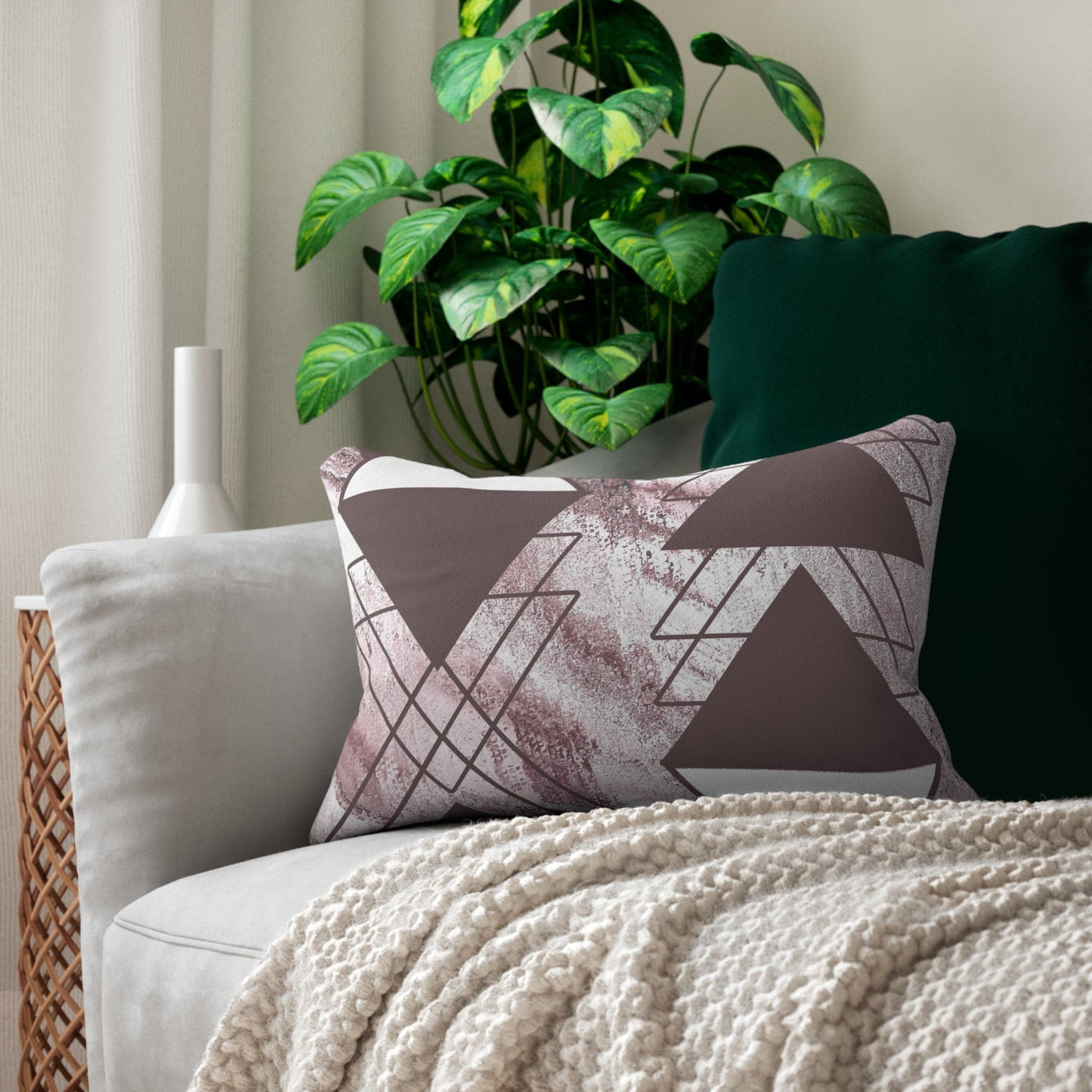 Decorative Lumbar Throw Pillow - Mauve Rose And White Triangular Colorblock