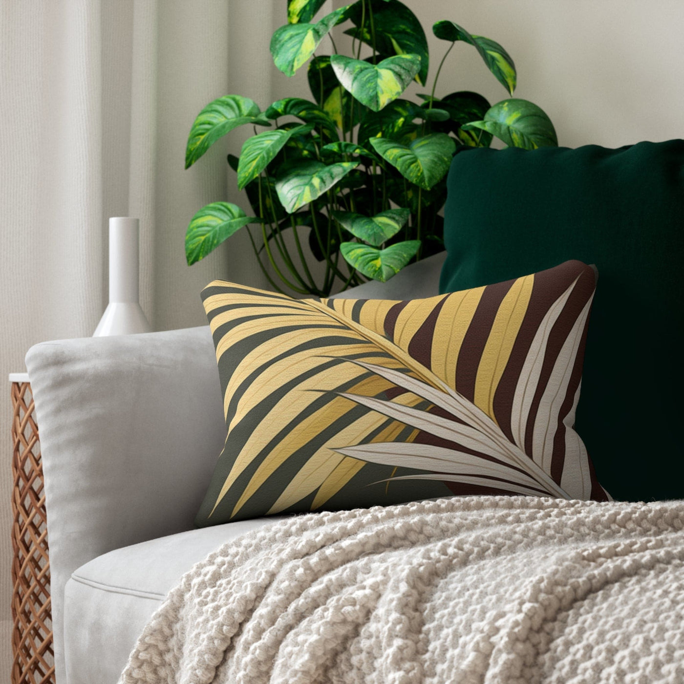 Decorative Lumbar Throw Pillow - Palm Tree Leaves Green Burgundy Background
