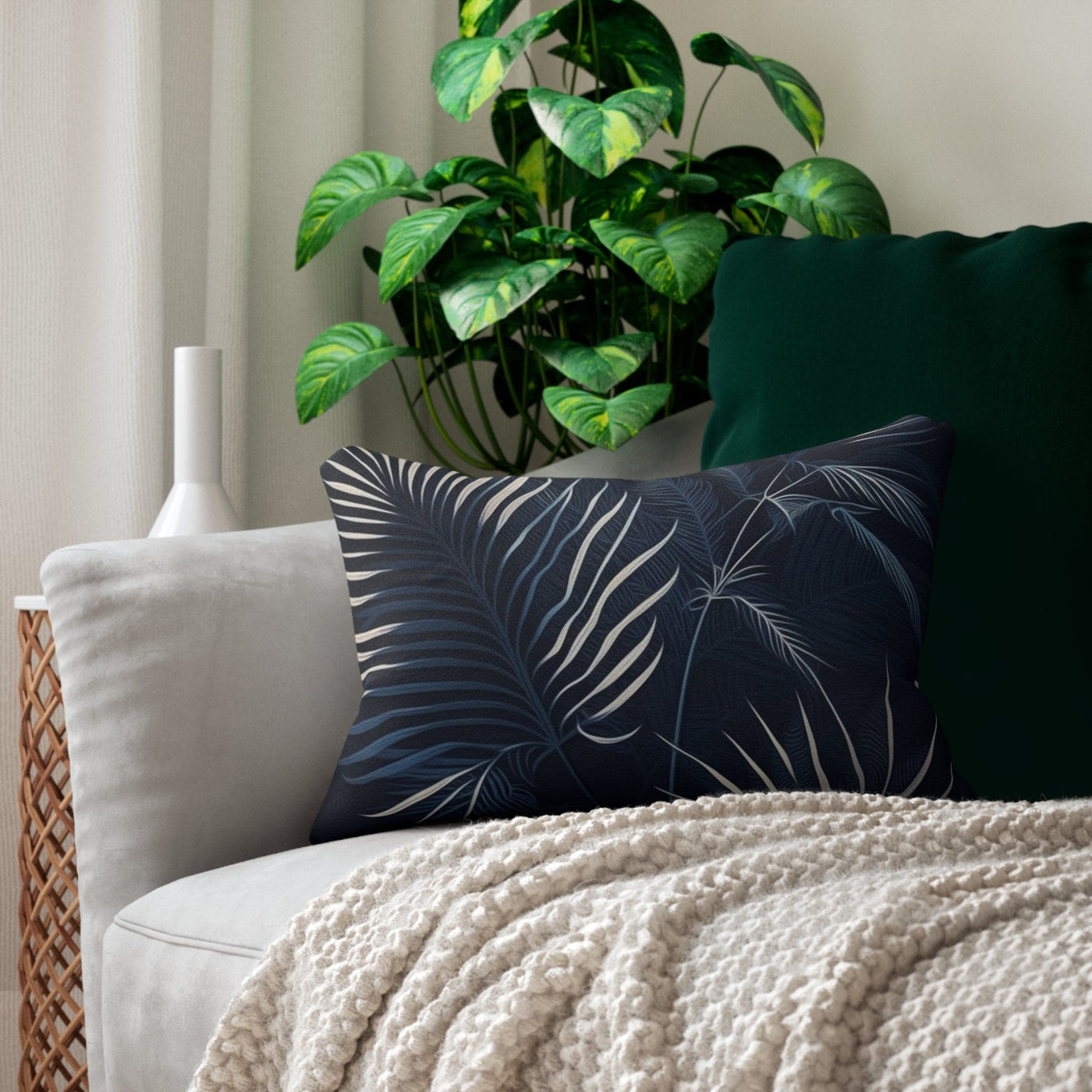 Decorative Lumbar Throw Pillow - White Line Art Palm Tree Leaves Navy Blue