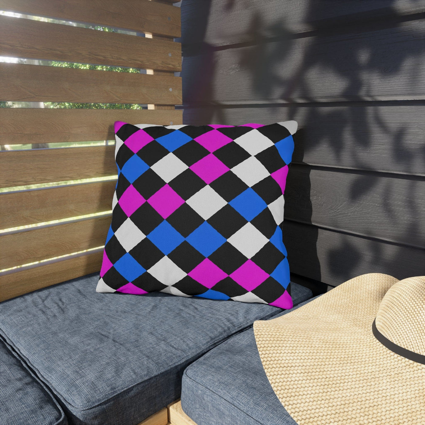 Decorative Outdoor Pillows With Zipper - Set Of 2 Black Pink Blue Checkered