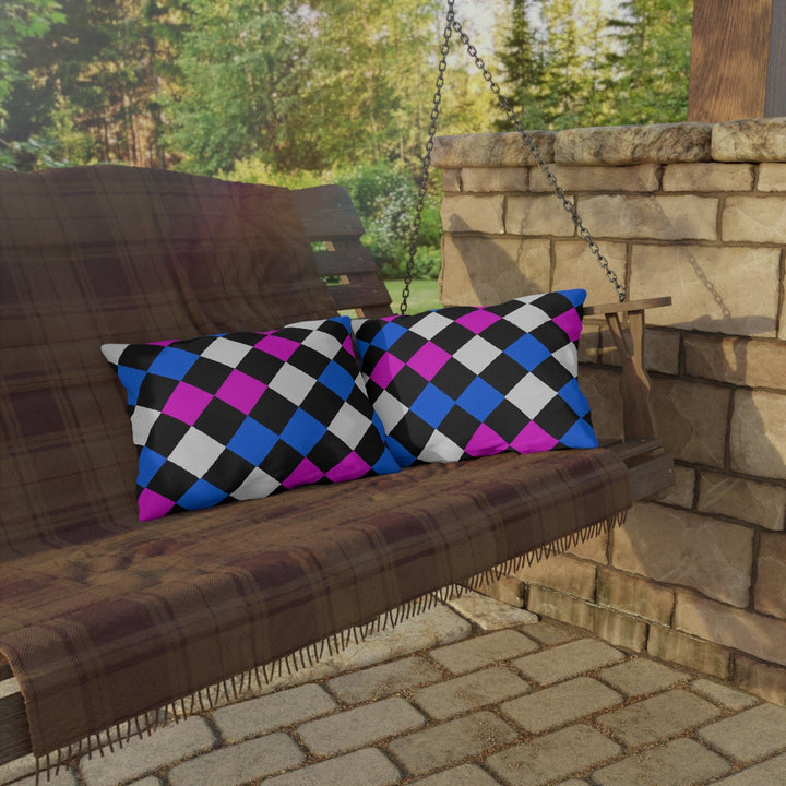 Decorative Indoor/outdoor Pillow Black Pink Blue Checkered Pattern - Decorative