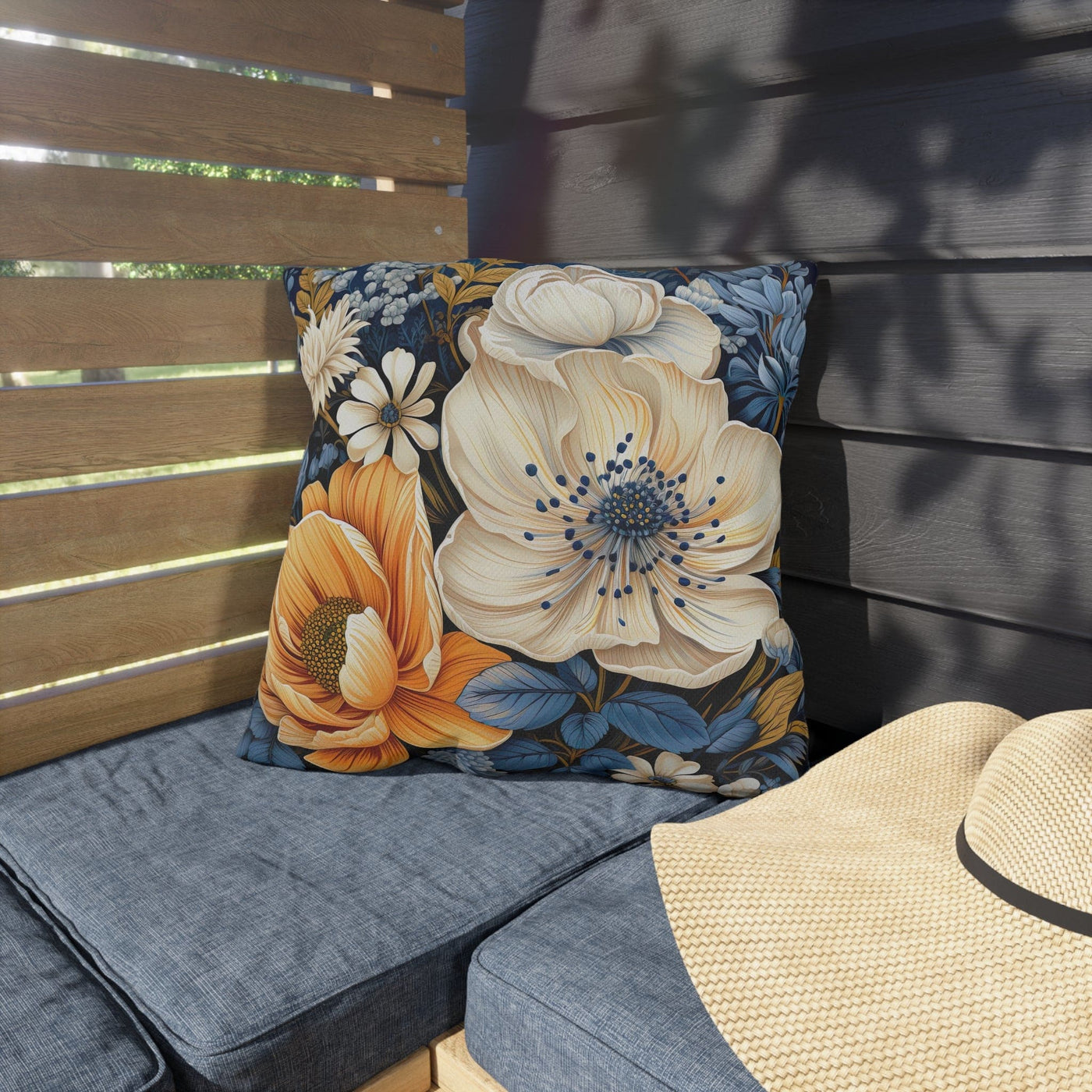 Decorative Outdoor Pillows With Zipper - Set Of 2 Blue Floral Block Print