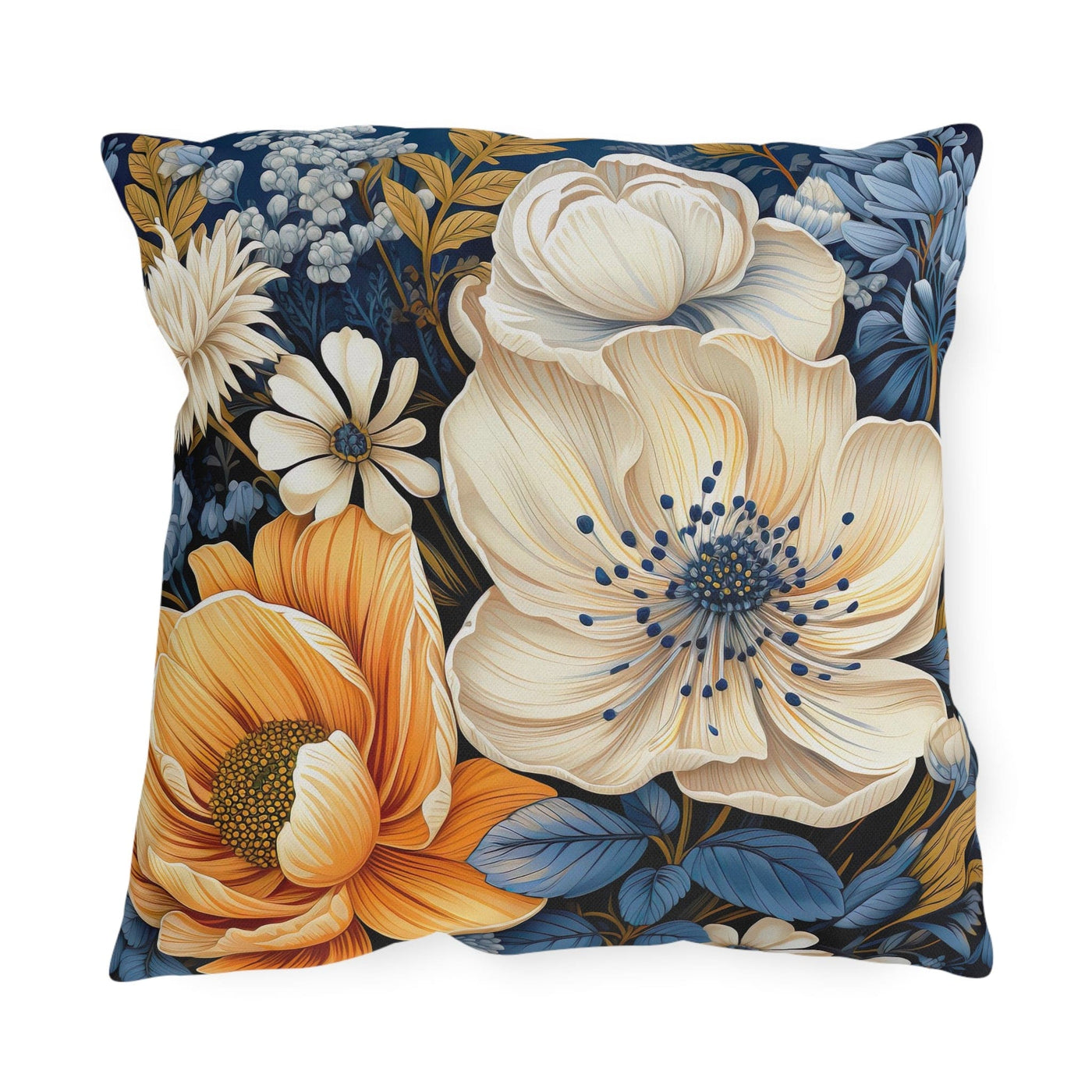 Decorative Outdoor Pillows With Zipper - Set Of 2 Blue Floral Block Print