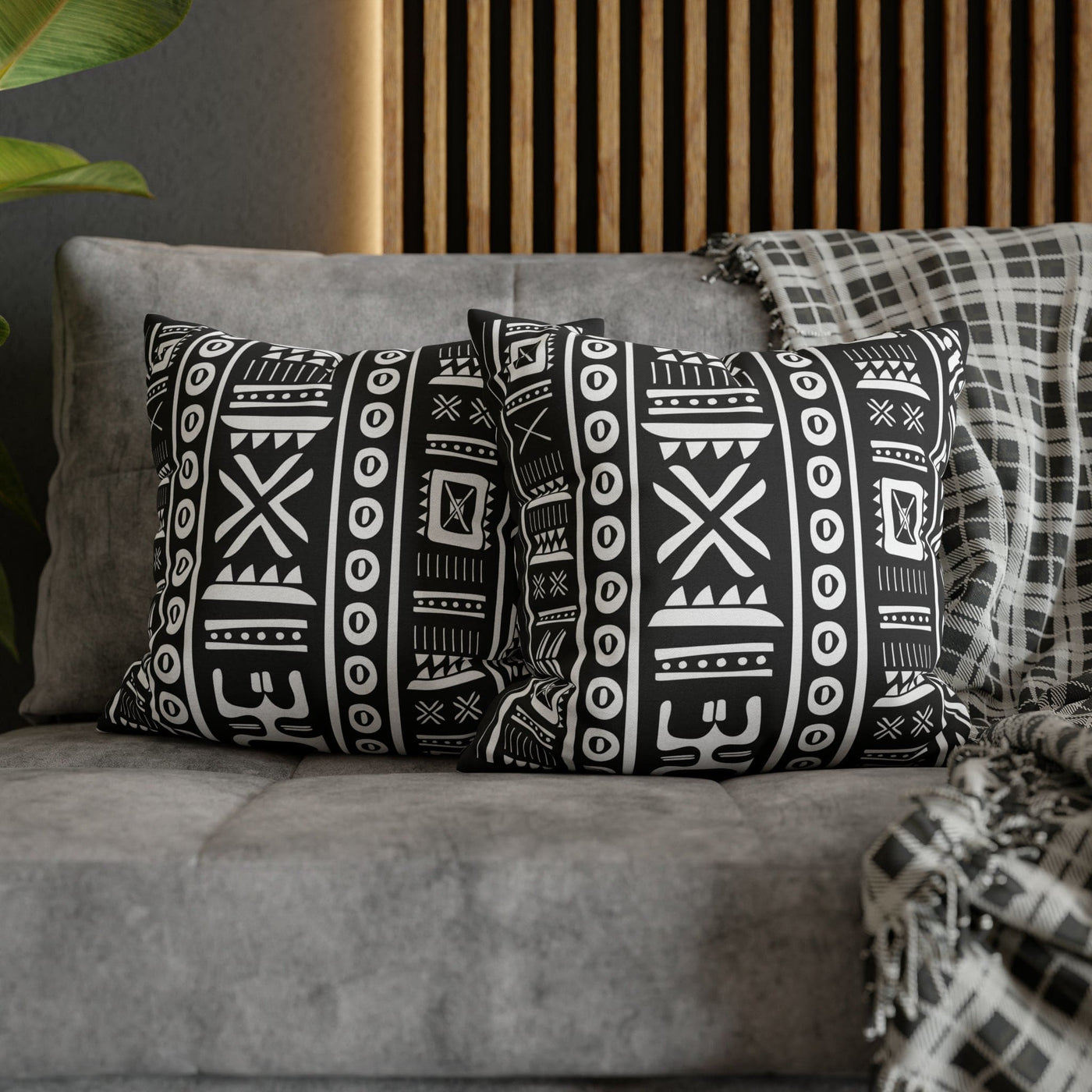 Decorative Throw Pillow Covers With Zipper - Set Of 2 Black And White Tribal