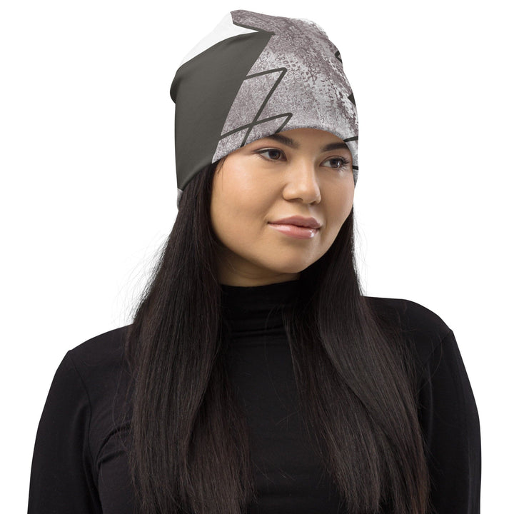 Double-layered Beanie Hat Ash Grey and White Triangular Colorblock 2 - Unisex