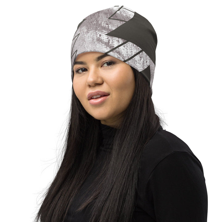 Double-layered Beanie Hat Ash Grey and White Triangular Colorblock 2 - Unisex