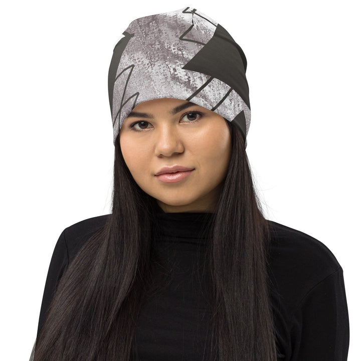 Double-layered Beanie Hat Ash Grey and White Triangular Colorblock 2 - Unisex