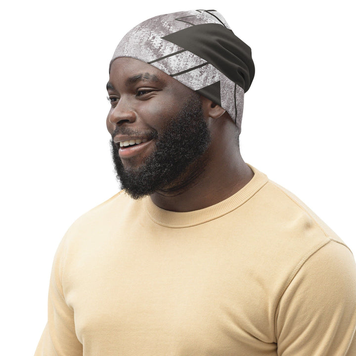 Double-layered Beanie Hat Ash Grey and White Triangular Colorblock - Unisex