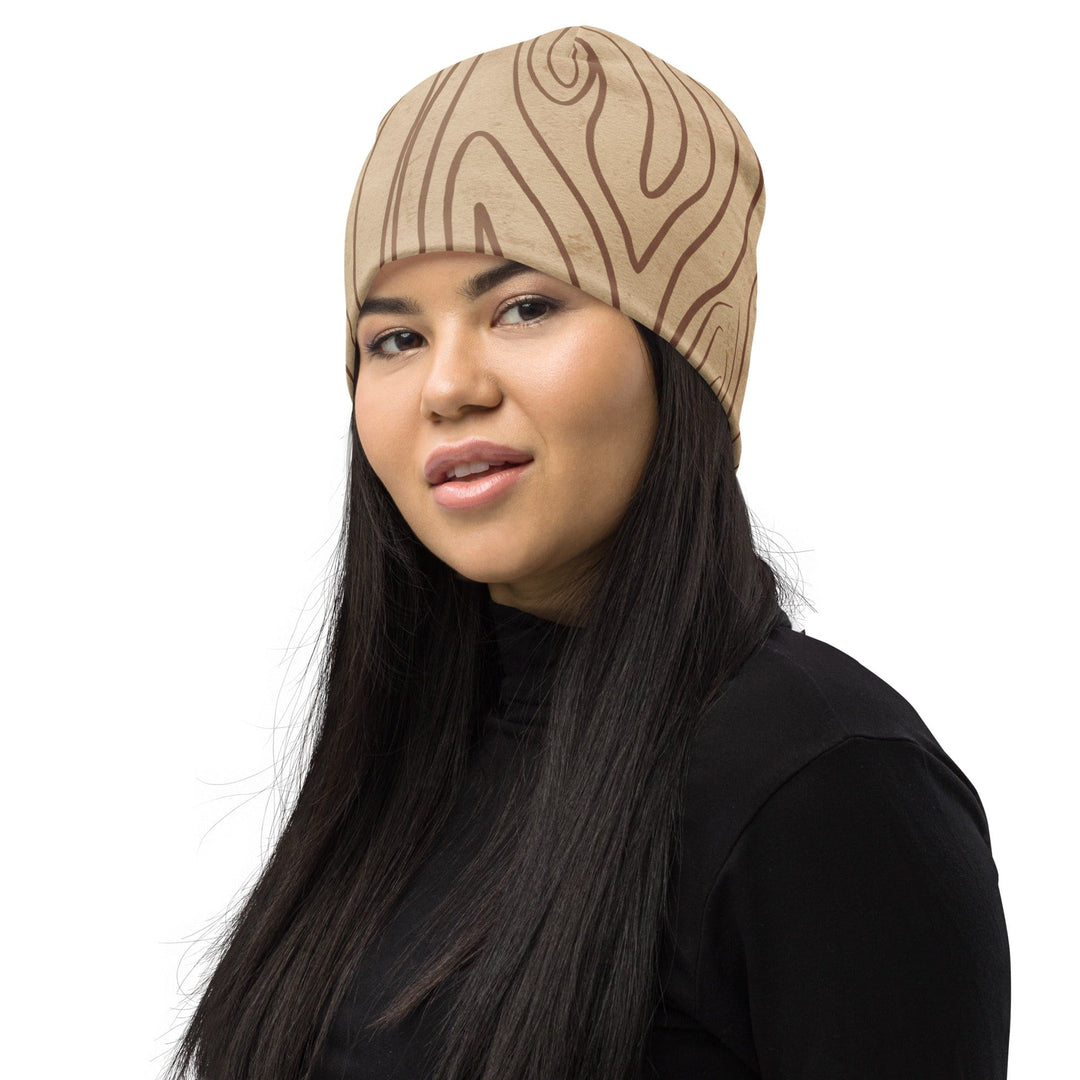 Double-layered Beanie Hat Beige Brown Tree Sketch Lines - Unisex | Beanie Hats