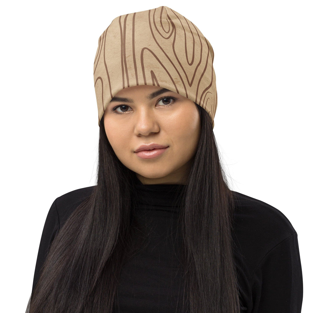 Double-layered Beanie Hat Beige Brown Tree Sketch Lines - Unisex | Beanie Hats