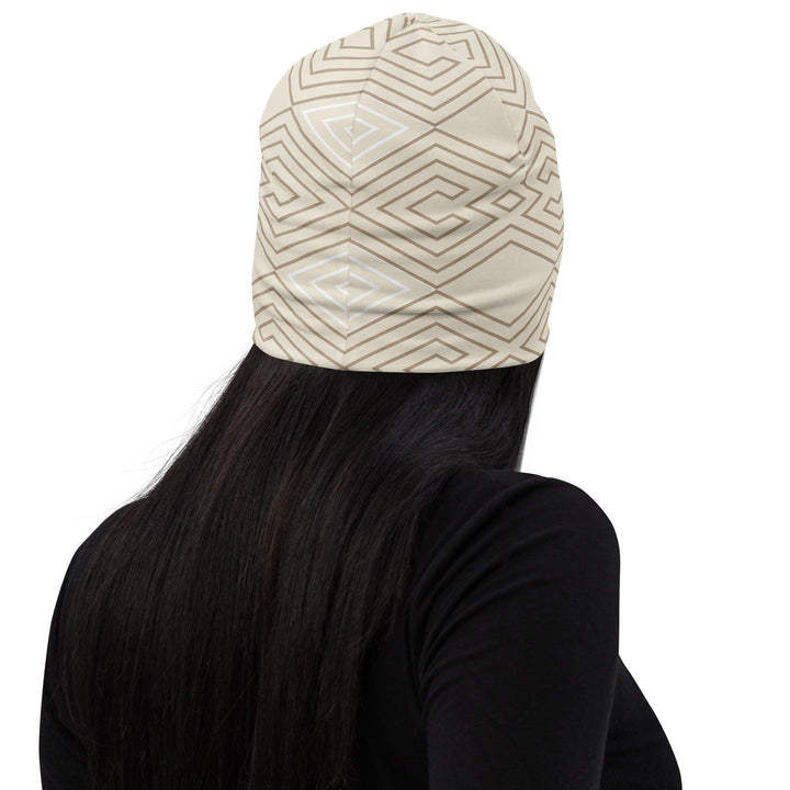 Double-layered Beanie Hat Beige Brown Aztec Geometric Lines