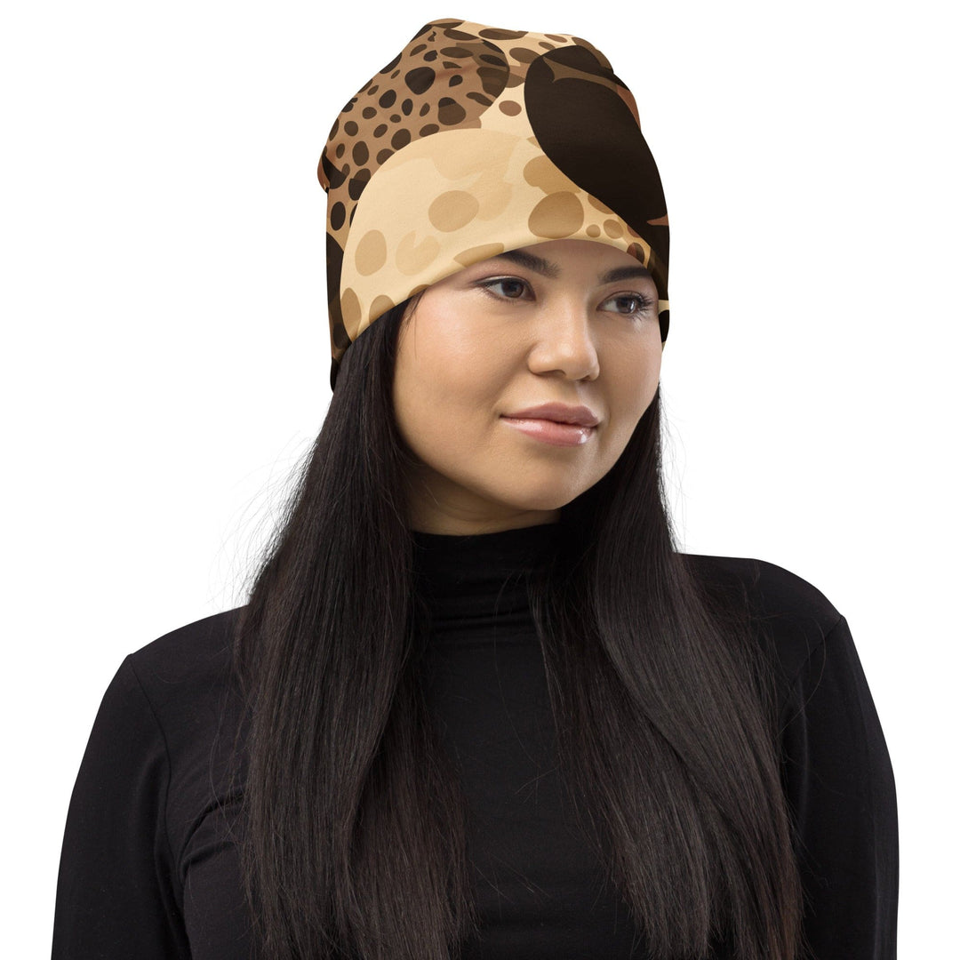 Double-layered Beanie Hat Beige Brown Spotted Print 2 - Unisex | Beanie Hats