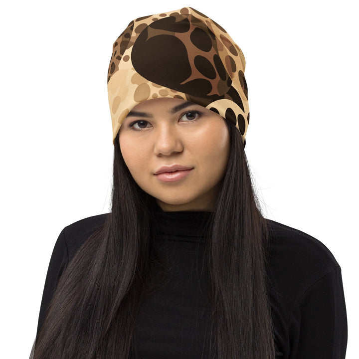 Double-layered Beanie Hat Beige Brown Spotted Print 2 - Unisex | Beanie Hats