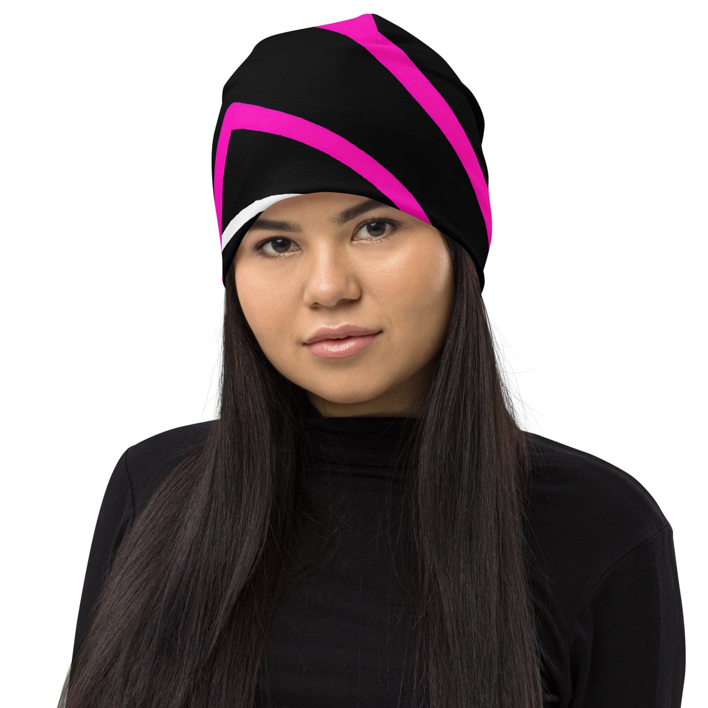 Double-layered Beanie Hat Black And Pink Pattern