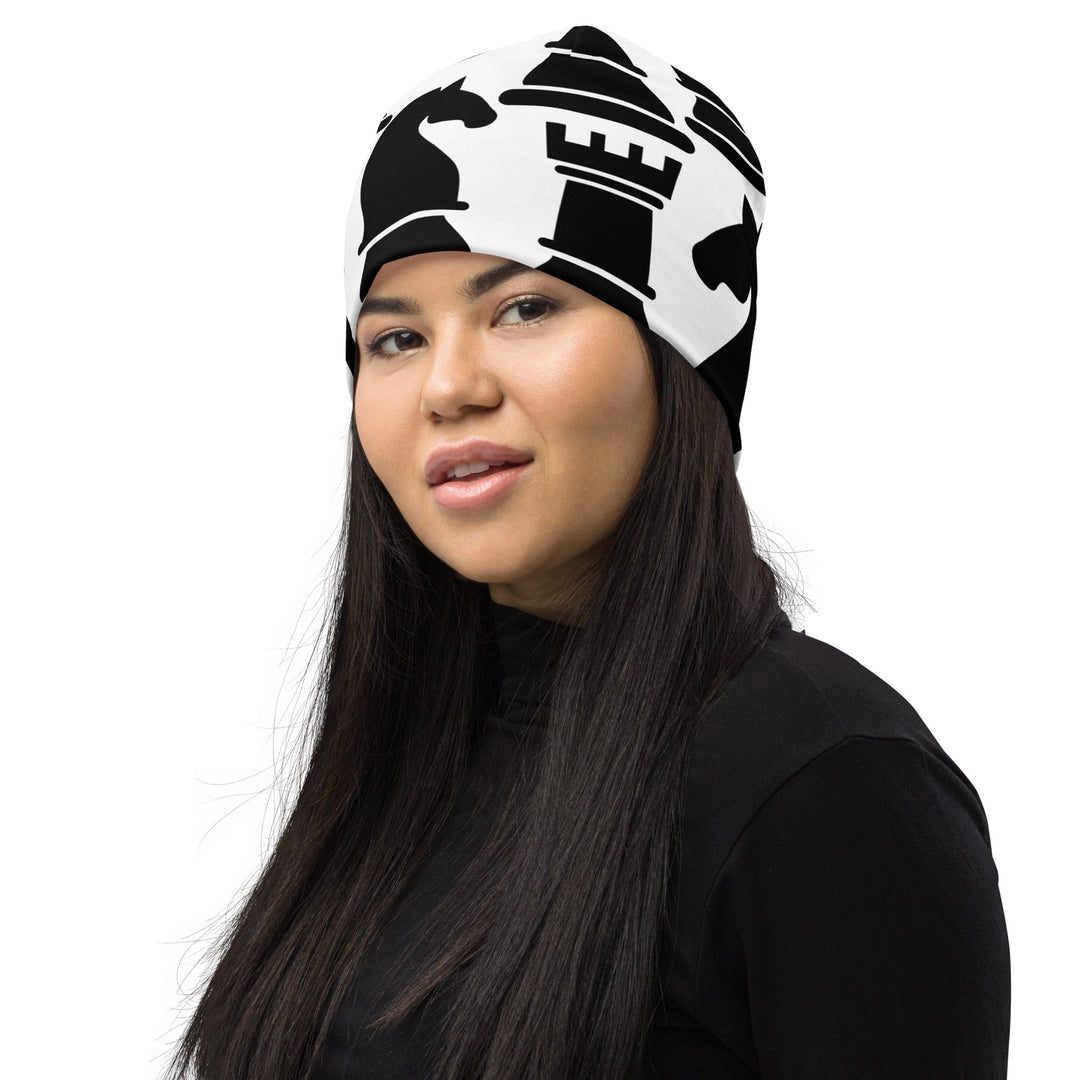 Double-layered Beanie Hat Black and White Chess Print - Unisex | Beanie Hats