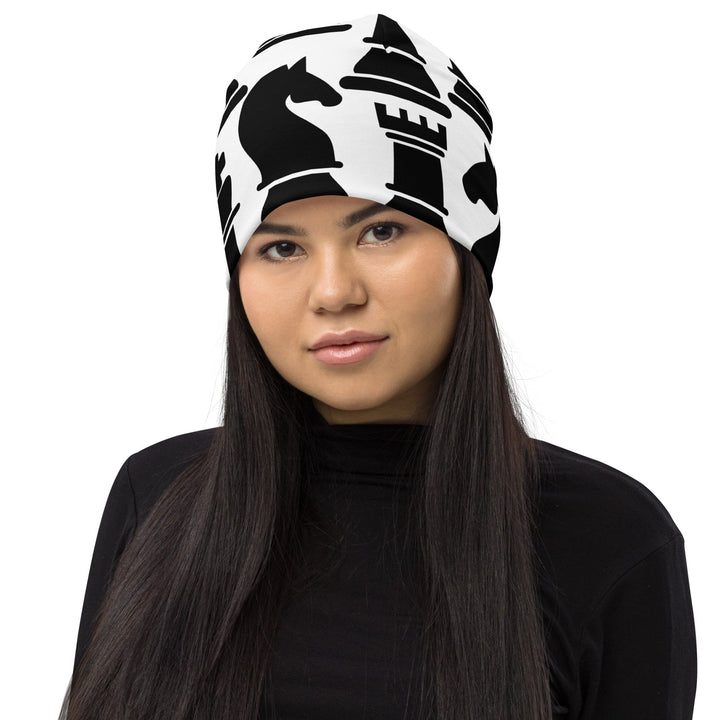 Double-layered Beanie Hat Black and White Chess Print - Unisex | Beanie Hats