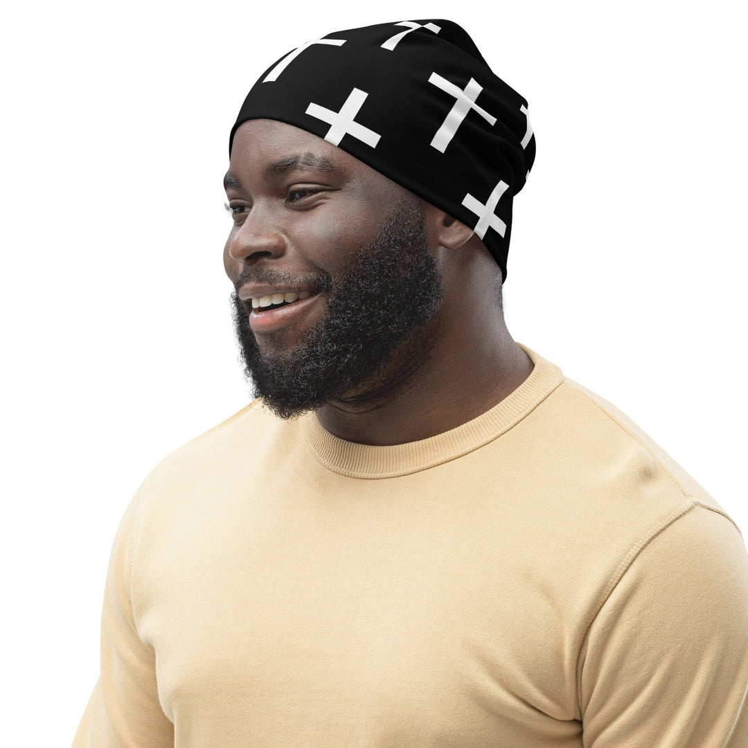 Double-layered Beanie Hat Black White Cross Print 2 - Unisex | Beanie Hats