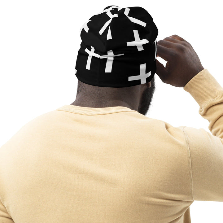 Double-layered Beanie Hat Black White Cross Print 2 - Unisex | Beanie Hats