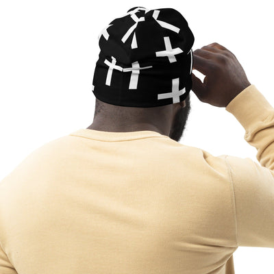 Double-layered Beanie Hat Black And White Seamless Cross Pattern 2