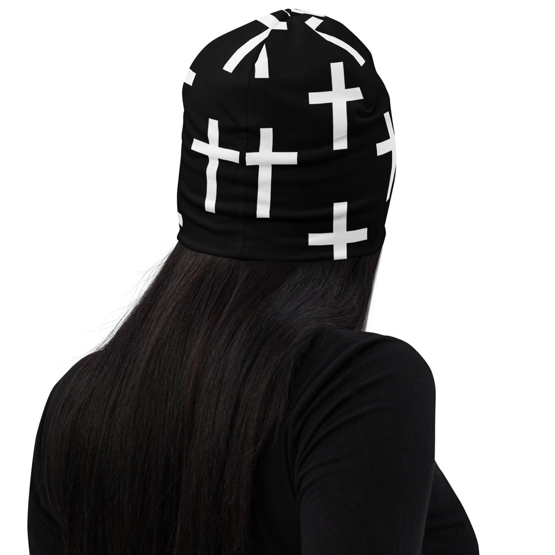 Double-layered Beanie Hat Black White Cross Print - Unisex | Beanie Hats