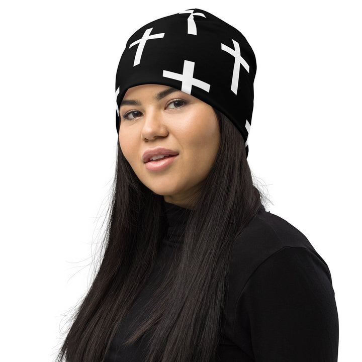 Double-layered Beanie Hat Black White Cross Print - Unisex | Beanie Hats