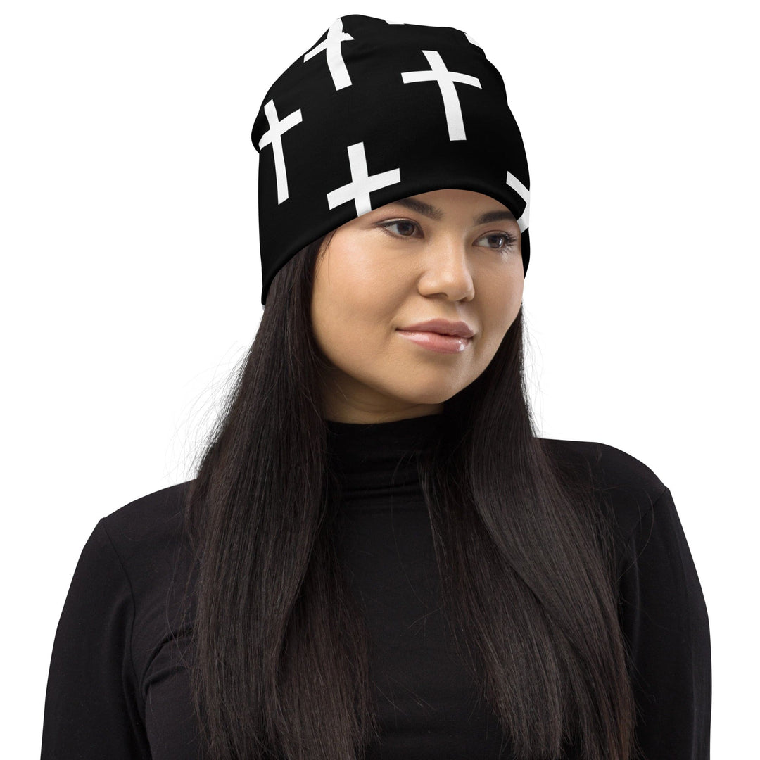 Double-layered Beanie Hat Black White Cross Print - Unisex | Beanie Hats