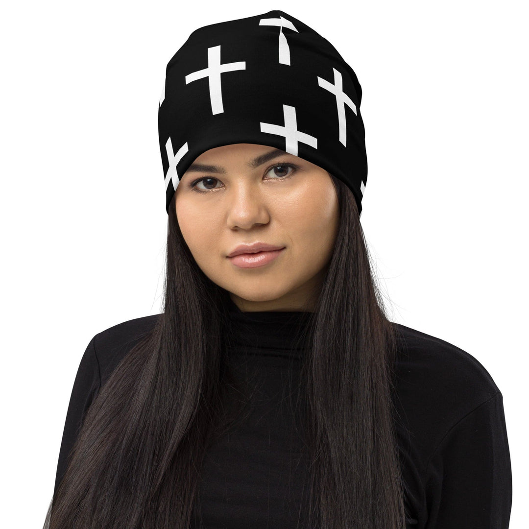 Double-layered Beanie Hat Black White Cross Print - Unisex | Beanie Hats