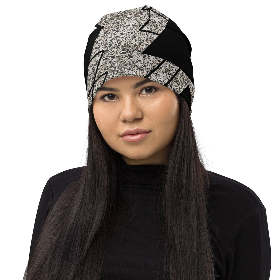 Double-layered Beanie Hat Black and White Triangular Colorblock 2 - Unisex