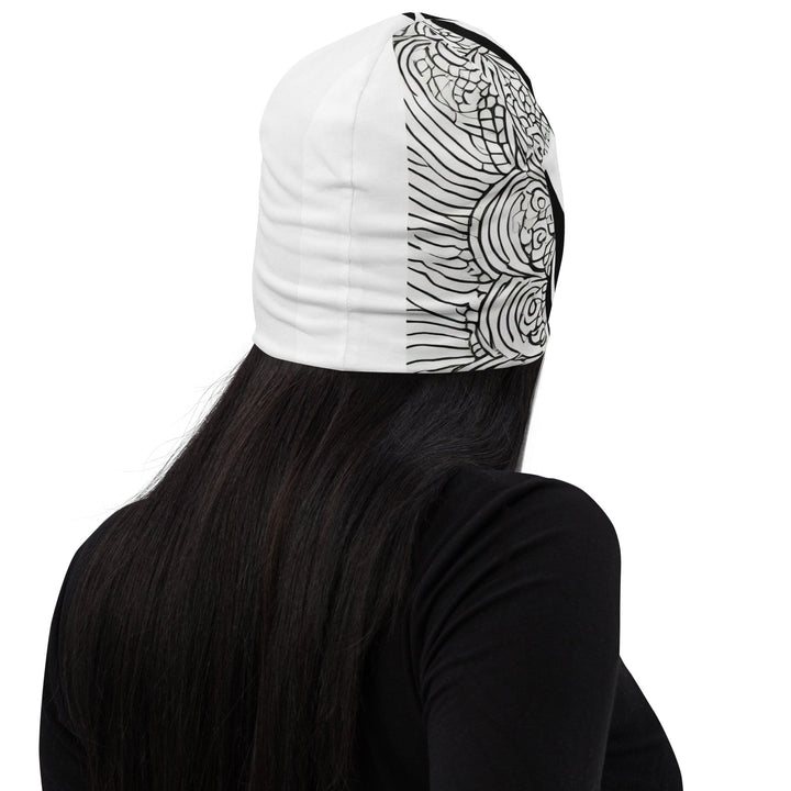 Double-layered Beanie Hat Black Floral Lines 3 - Unisex | Beanie Hats