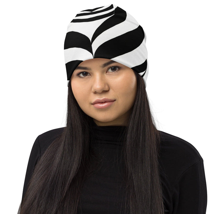 Double-layered Beanie Hat Black Floral Lines 3 - Unisex | Beanie Hats