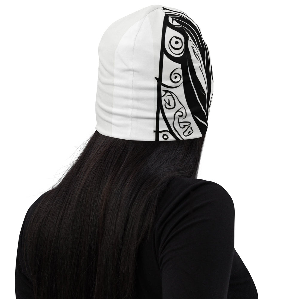 Double-layered Beanie Hat Black Floral Lines - Unisex | Beanie Hats