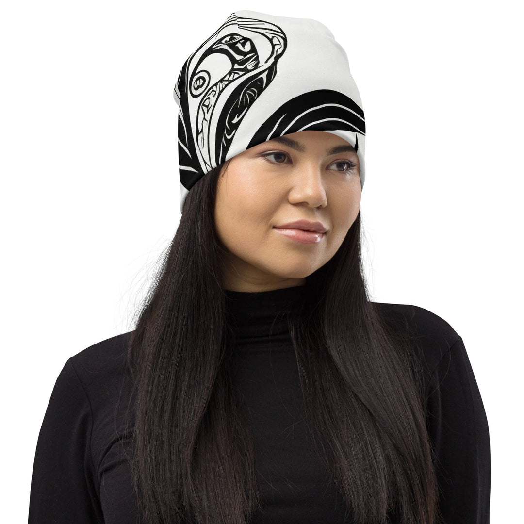 Double-layered Beanie Hat Black Floral Lines - Unisex/Beanie Hats/Reversible