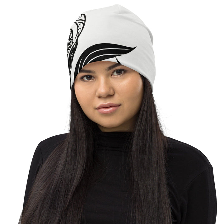 Double-layered Beanie Hat Black Floral Lines - Unisex/Beanie Hats/Reversible